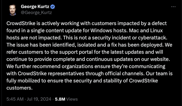 cloudstrike incident tweet